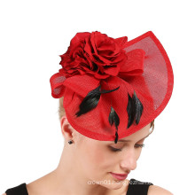 Red Apricot Scalloped and side swept Sinamay Fascinator With Flower Cocktail